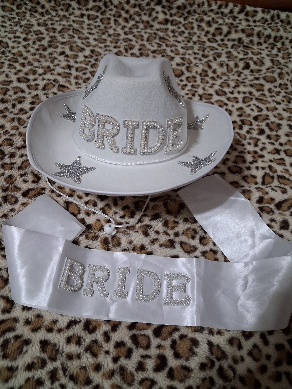 Bride White Rhinestone Cowboy Hat and Sash Set